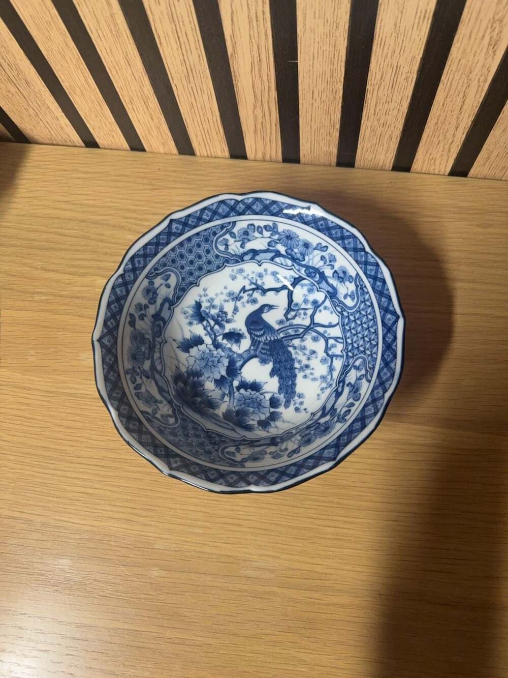 Vintage Japanese Blue and White Porcelain Peacock Scalloped Bowl